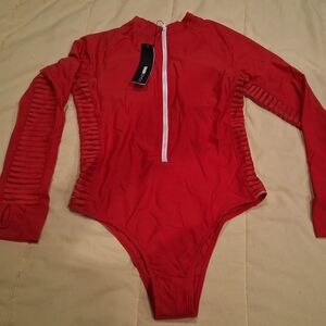 Red Long Sleeve Bodysuit with Zipper